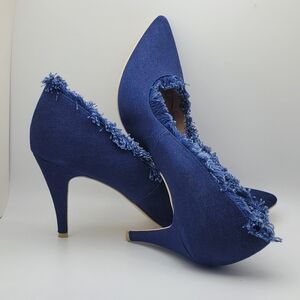 9.5M Midnight Velvet Chic Denim Blue Fringed 3" Heels
